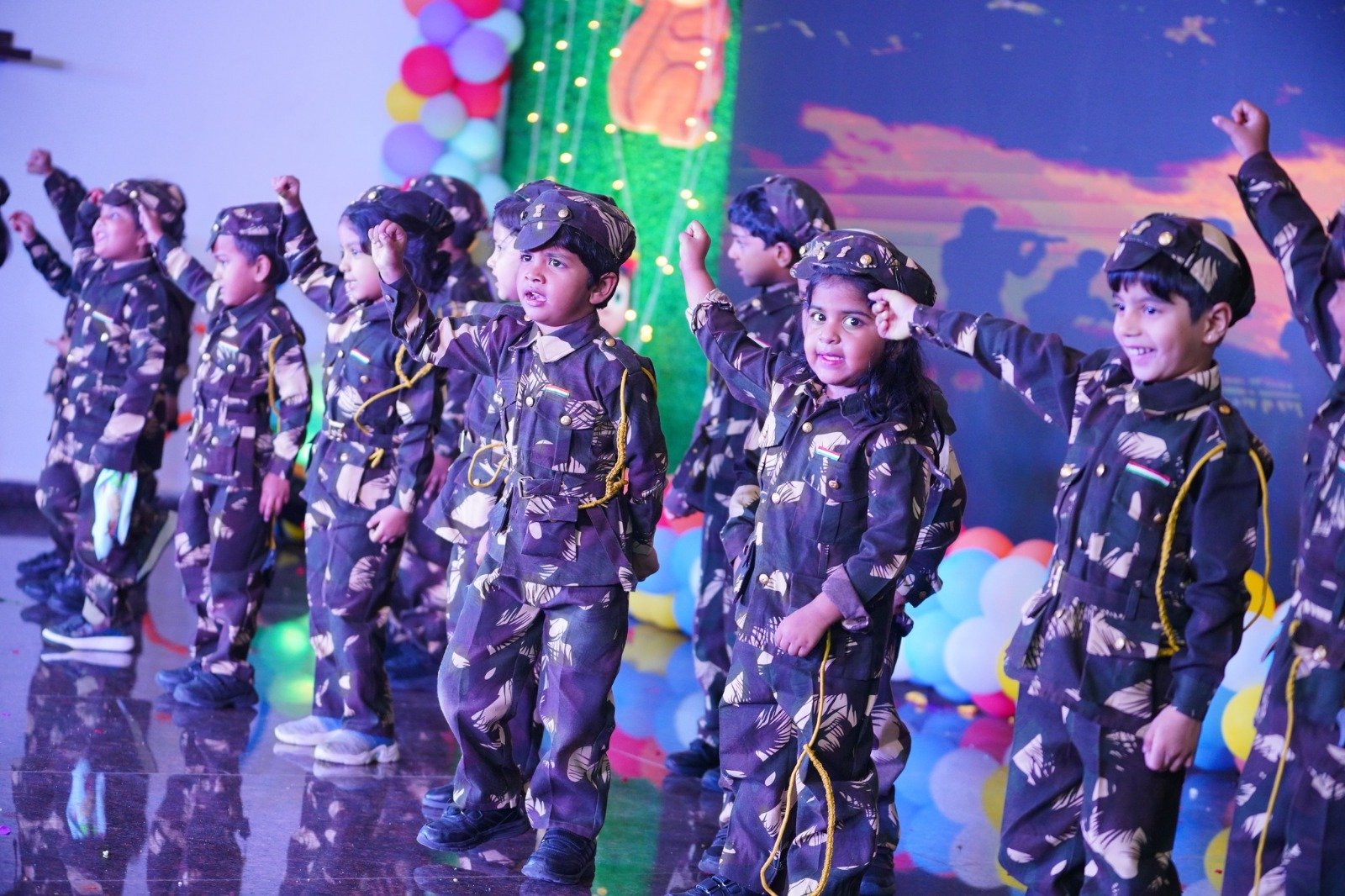 Students presenting a themed group performance on stage